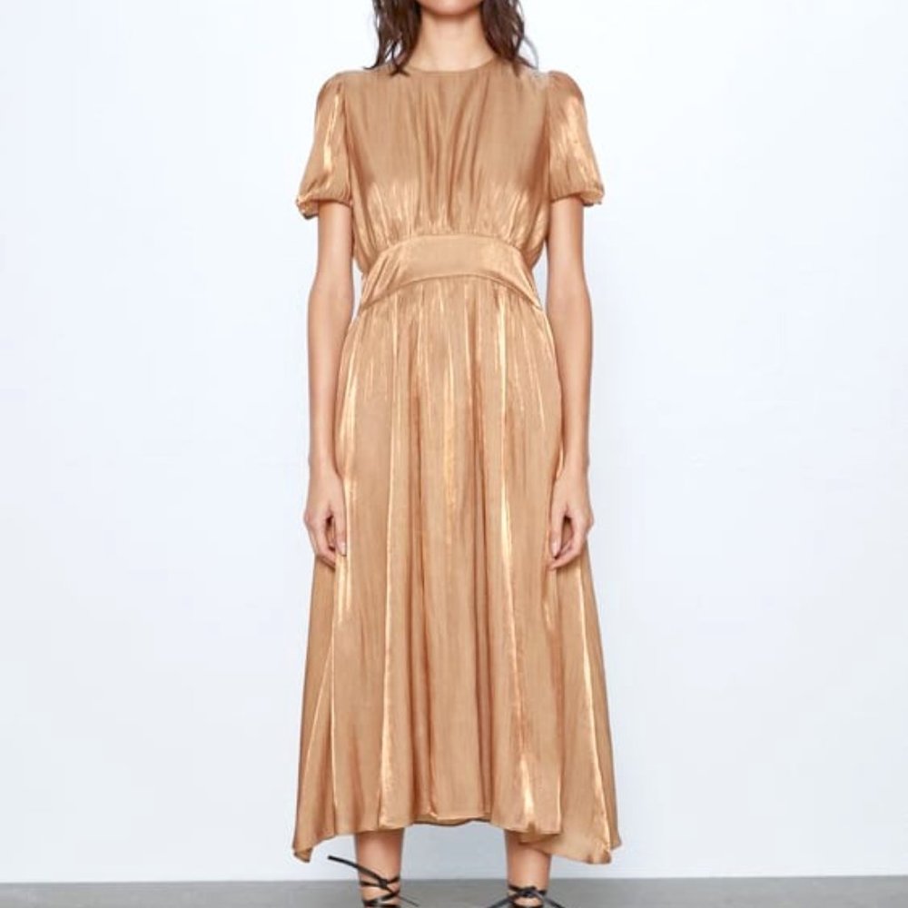 Gold Midi Dress with short puff sleeves and wide band waist